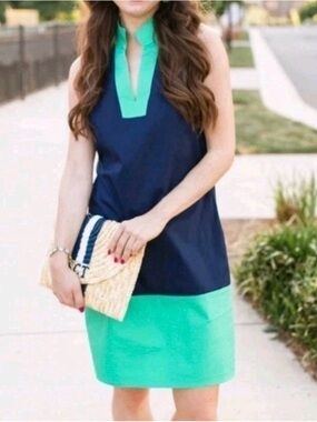 Sail to Sable Colorblock Shift Dress Womens Large Navy Green Sleeveless Resort